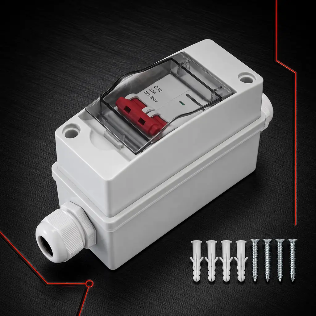 2P 32A DC 500V Miniature Circuit Breaker IP65 Waterproof Solar PV Isolator Switch Box Cable Optional for Home PV System RV Boat
