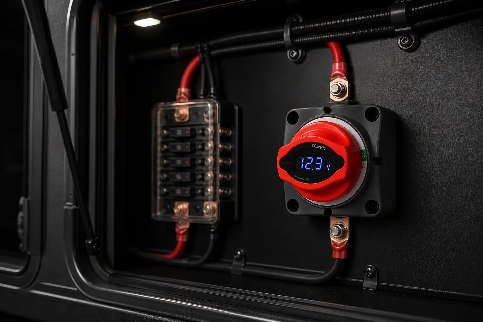BS-017 digital rotary battery disconnect installed in an RV power distribution panel