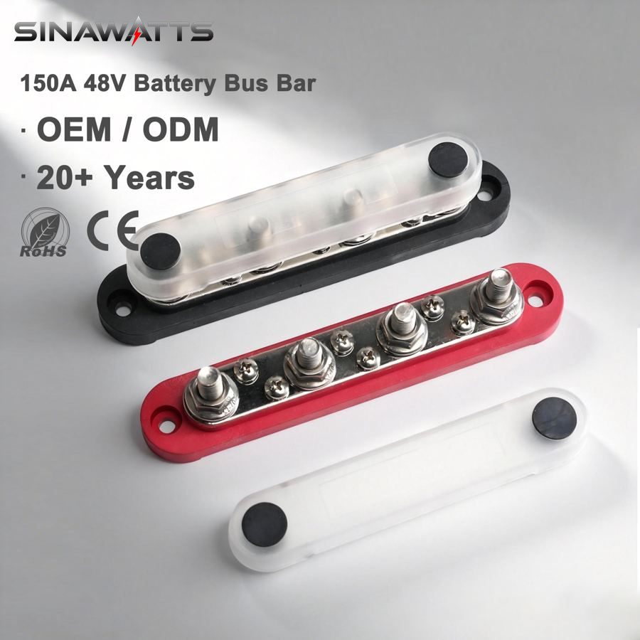 150A DC 48V M4 M8 Copper Nickel Plated Flame Retardant Nylon Base PC Cover Stainless Steel Hardware Battery Bus Bar Box